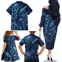 New Zealand Connecting with Seas Family Matching Off The Shoulder Long Sleeve Dress and Hawaiian Shirt Maori Tribal and Sea Animals Tattoo - Sea Texture Glass Style LT03 - Polynesian Pride