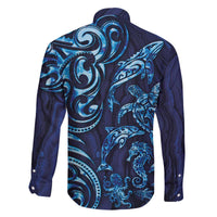New Zealand Connecting with Seas Family Matching Off The Shoulder Long Sleeve Dress and Hawaiian Shirt Maori Tribal and Sea Animals Tattoo - Sea Texture Glass Style LT03 - Polynesian Pride