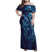 New Zealand Connecting with Seas Family Matching Off Shoulder Maxi Dress and Hawaiian Shirt Maori Tribal and Sea Animals Tattoo - Sea Texture Glass Style LT03 Mom's Dress Navy - Polynesian Pride