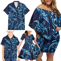 New Zealand Connecting with Seas Family Matching Off Shoulder Short Dress and Hawaiian Shirt Maori Tribal and Sea Animals Tattoo - Sea Texture Glass Style LT03 - Polynesian Pride