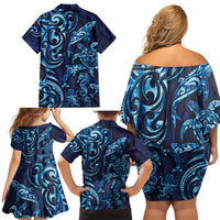 New Zealand Connecting with Seas Family Matching Off Shoulder Short Dress and Hawaiian Shirt Maori Tribal and Sea Animals Tattoo - Sea Texture Glass Style LT03 - Polynesian Pride
