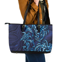 New Zealand Connecting with Seas Leather Tote Bag Maori Tribal and Sea Animals Tattoo - Sea Texture Glass Style LT03 - Polynesian Pride