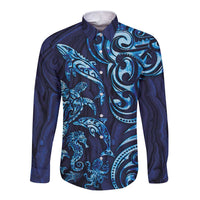 New Zealand Connecting with Seas Long Sleeve Button Shirt Maori Tribal and Sea Animals Tattoo - Sea Texture Glass Style LT03 Unisex Navy - Polynesian Pride