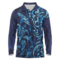 New Zealand Connecting with Seas Long Sleeve Polo Shirt Maori Tribal and Sea Animals Tattoo - Sea Texture Glass Style LT03 Navy - Polynesian Pride