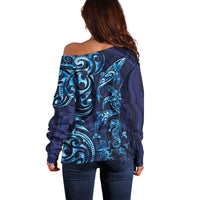 New Zealand Connecting with Seas Off Shoulder Sweater Maori Tribal and Sea Animals Tattoo - Sea Texture Glass Style LT03 - Polynesian Pride