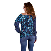New Zealand Connecting with Seas Off Shoulder Sweater Maori Tribal and Sea Animals Tattoo - Sea Texture Glass Style LT03 - Polynesian Pride