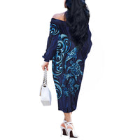 New Zealand Connecting with Seas Off The Shoulder Long Sleeve Dress Maori Tribal and Sea Animals Tattoo - Sea Texture Glass Style LT03 - Polynesian Pride