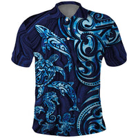 New Zealand Connecting with Seas Polo Shirt Maori Tribal and Sea Animals Tattoo - Sea Texture Glass Style LT03 Navy - Polynesian Pride