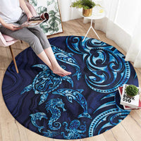 New Zealand Connecting with Seas Round Carpet Maori Tribal and Sea Animals Tattoo - Sea Texture Glass Style LT03 - Polynesian Pride