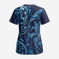 New Zealand Connecting with Seas Scrub Top Maori Tribal and Sea Animals Tattoo - Sea Texture Glass Style LT03 - Polynesian Pride