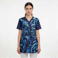 New Zealand Connecting with Seas Scrub Top Maori Tribal and Sea Animals Tattoo - Sea Texture Glass Style LT03 - Polynesian Pride