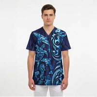 New Zealand Connecting with Seas Scrub Top Maori Tribal and Sea Animals Tattoo - Sea Texture Glass Style LT03 - Polynesian Pride