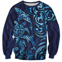 New Zealand Connecting with Seas Sweatshirt Maori Tribal and Sea Animals Tattoo - Sea Texture Glass Style LT03 Unisex Navy - Polynesian Pride