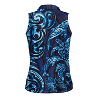 New Zealand Connecting with Seas Women Sleeveless Polo Shirt Maori Tribal and Sea Animals Tattoo - Sea Texture Glass Style LT03 - Polynesian Pride