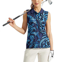 New Zealand Connecting with Seas Women Sleeveless Polo Shirt Maori Tribal and Sea Animals Tattoo - Sea Texture Glass Style LT03 - Polynesian Pride