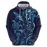 New Zealand Connecting with Seas Zip Hoodie Maori Tribal and Sea Animals Tattoo - Sea Texture Glass Style LT03 - Polynesian Pride