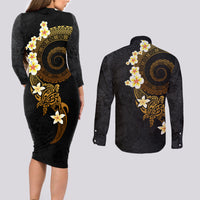Polynesian Spiral Tribal Tattoo Couples Matching Long Sleeve Bodycon Dress and Long Sleeve Button Shirt Golden Color