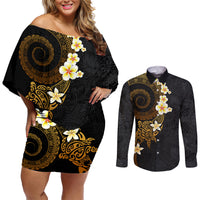 Polynesian Spiral Tribal Tattoo Couples Matching Off Shoulder Short Dress and Long Sleeve Button Shirt Golden Color