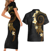 Polynesian Spiral Tribal Tattoo Couples Matching Short Sleeve Bodycon Dress and Hawaiian Shirt Golden Color LT03 - Polynesian Pride