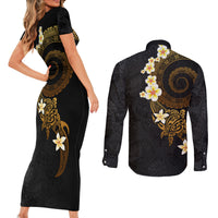 Polynesian Spiral Tribal Tattoo Couples Matching Short Sleeve Bodycon Dress and Long Sleeve Button Shirt Golden Color