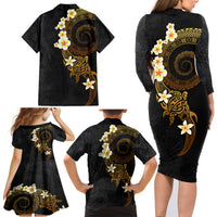 Polynesian Spiral Tribal Tattoo Family Matching Long Sleeve Bodycon Dress and Hawaiian Shirt Golden Color