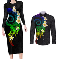 Polynesian Spiral Tribal Tattoo Couples Matching Long Sleeve Bodycon Dress and Long Sleeve Button Shirt Fanciful Color