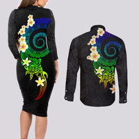 Polynesian Spiral Tribal Tattoo Couples Matching Long Sleeve Bodycon Dress and Long Sleeve Button Shirt Fanciful Color
