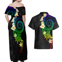 Polynesian Spiral Tribal Tattoo Couples Matching Off Shoulder Maxi Dress and Hawaiian Shirt Fanciful Color LT03 - Polynesian Pride