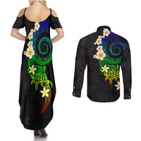 Polynesian Spiral Tribal Tattoo Couples Matching Summer Maxi Dress and Long Sleeve Button Shirt Fanciful Color