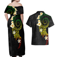 Polynesian Spiral Tribal Tattoo Couples Matching Off Shoulder Maxi Dress and Hawaiian Shirt Reggae Color LT03 - Polynesian Pride