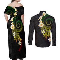 Polynesian Spiral Tribal Tattoo Couples Matching Off Shoulder Maxi Dress and Long Sleeve Button Shirt Reggae Color