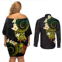 Polynesian Spiral Tribal Tattoo Couples Matching Off Shoulder Short Dress and Long Sleeve Button Shirt Reggae Color