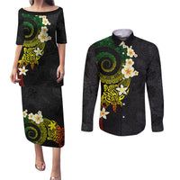 Polynesian Spiral Tribal Tattoo Couples Matching Puletasi and Long Sleeve Button Shirt Reggae Color