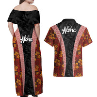 Hawaii Lei and Hibiscus Flowers Tribal Couples Matching Off Shoulder Maxi Dress and Hawaiian Shirt Patchwork Abstract Vintage LT03 - Polynesian Pride