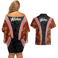 Hawaii Lei and Hibiscus Flowers Tribal Couples Matching Off Shoulder Short Dress and Hawaiian Shirt Patchwork Abstract Vintage LT03 - Polynesian Pride