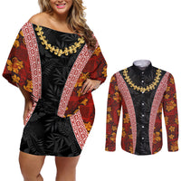 Hawaii Lei and Hibiscus Flowers Tribal Couples Matching Off Shoulder Short Dress and Long Sleeve Button Shirt Patchwork Abstract Vintage LT03 Red - Polynesian Pride
