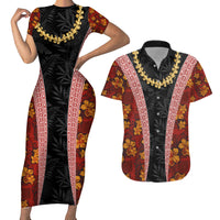 Hawaii Lei and Hibiscus Flowers Tribal Couples Matching Short Sleeve Bodycon Dress and Hawaiian Shirt Patchwork Abstract Vintage LT03 Red - Polynesian Pride