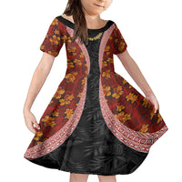 Hawaii Lei and Hibiscus Flowers Tribal Family Matching Puletasi and Hawaiian Shirt Patchwork Abstract Vintage LT03 Daughter's Dress Red - Polynesian Pride