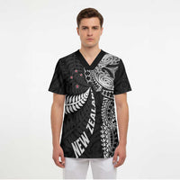 Aotearoa Volleyball Custom Scrub Top Silver Ferns and Maori Tribal Black