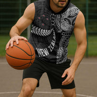 Aotearoa Volleyball Custom Sleeveless Hoodie Silver Ferns and Maori Tribal Black LT03 - Polynesian Pride
