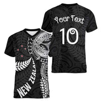Aotearoa Volleyball Custom Women V-Neck T-Shirt Silver Ferns and Maori Tribal Black LT03 - Polynesian Pride