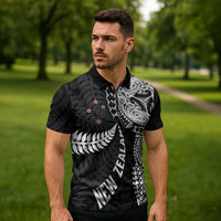Aotearoa Volleyball Custom Zipper Polo Shirt Silver Ferns and Maori Tribal Black LT03 - Polynesian Pride