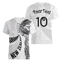 Aotearoa Volleyball Custom Women V-Neck T-Shirt Silver Ferns and Maori Tribal White LT03 - Polynesian Pride