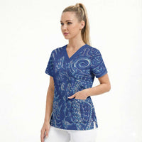 New Zealand Sea Animals Scrub Top with Maori Koru Tribal Tattoo and Silver Ferns Aquatic Style LT03 - Polynesian Pride