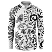 New Zealand Sea Animals Button Sweatshirt with Maori Koru Tribal Tattoo and Silver Ferns White Color LT03 White - Polynesian Pride