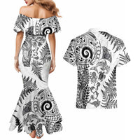 New Zealand Sea Animals Couples Matching Mermaid Dress and Hawaiian Shirt with Maori Koru Tribal Tattoo and Silver Ferns White Color LT03 - Polynesian Pride