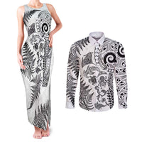 New Zealand Sea Animals Couples Matching Tank Maxi Dress and Long Sleeve Button Shirt with Maori Koru Tribal Tattoo and Silver Ferns White Color LT03 White - Polynesian Pride