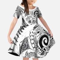 New Zealand Sea Animals Family Matching Tank Maxi Dress and Hawaiian Shirt with Maori Koru Tribal Tattoo and Silver Ferns White Color LT03 Daughter's Dress White - Polynesian Pride