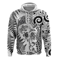 New Zealand Sea Animals Hoodie with Maori Koru Tribal Tattoo and Silver Ferns White Color LT03 Zip Hoodie White - Polynesian Pride