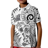 New Zealand Sea Animals Kid Polo Shirt with Maori Koru Tribal Tattoo and Silver Ferns White Color LT03 Kid White - Polynesian Pride